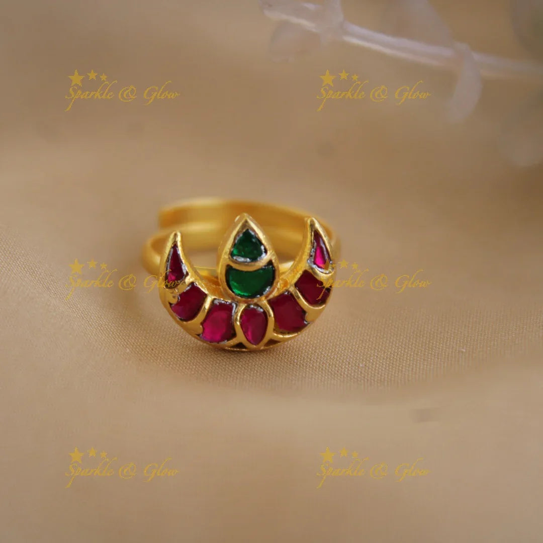 Stunning Half moon design jadau finger ring , red and green - Sparkle and Glow