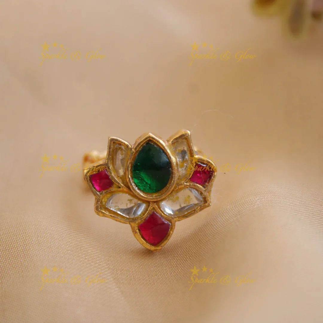 Beautiful Lotus design jadau finger ring , multi colour - Sparkle and Glow