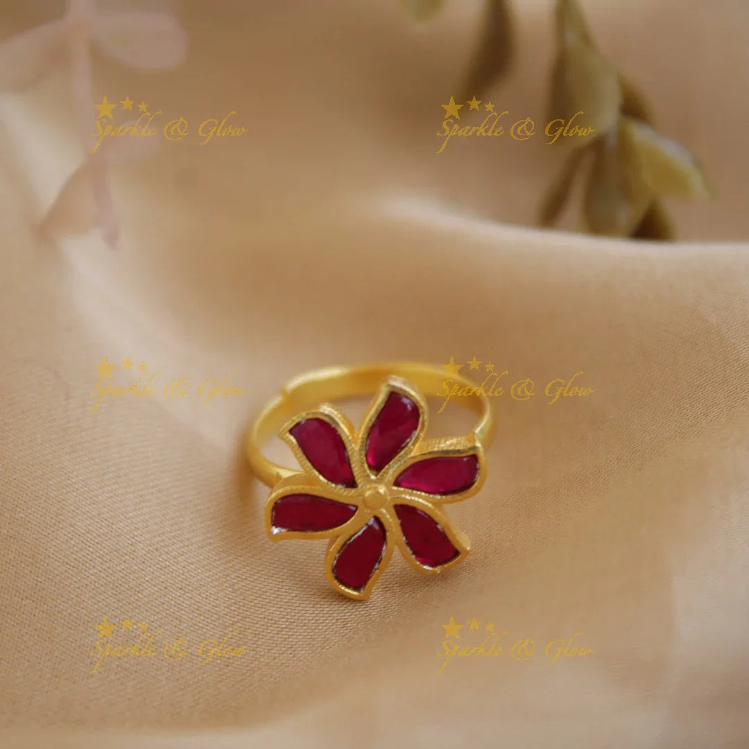 Elegant Floral design jadau finger ring , red - Sparkle and Glow