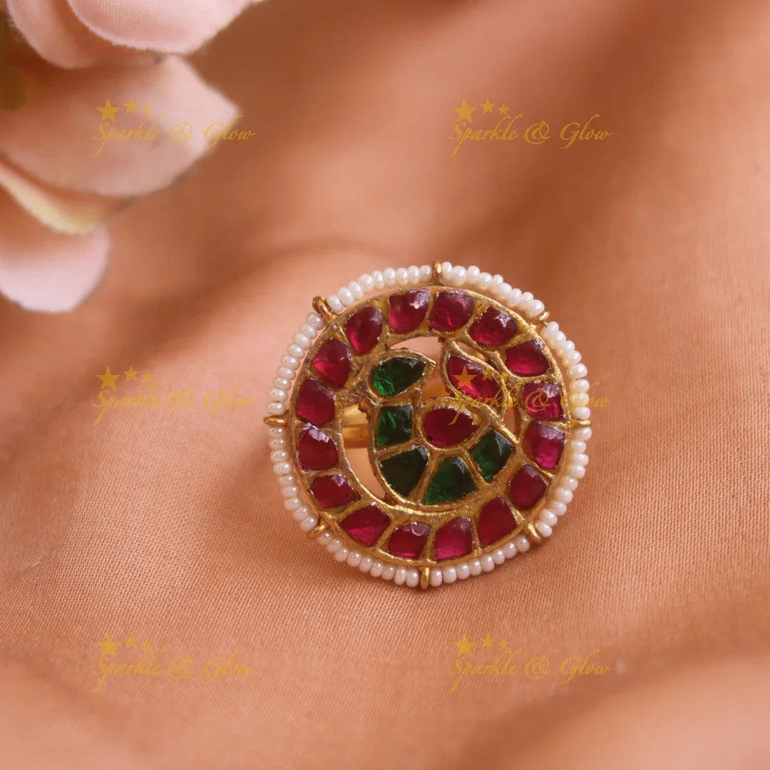 Gorgeous Peacock design jadau finger ring , red and green with pearls - Sparkle and Glow