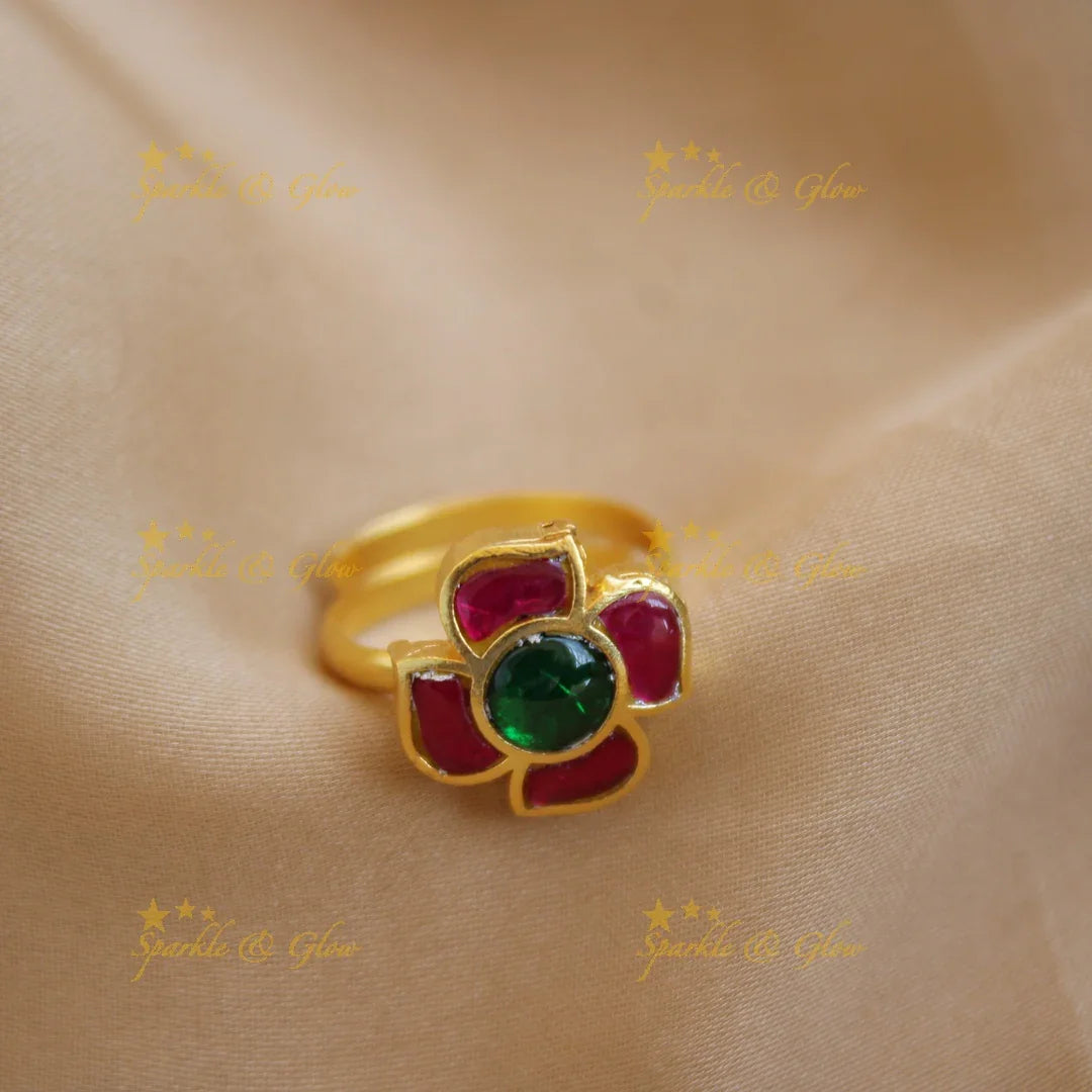 Stunning Floral design jadau finger ring , red and green - Sparkle and Glow