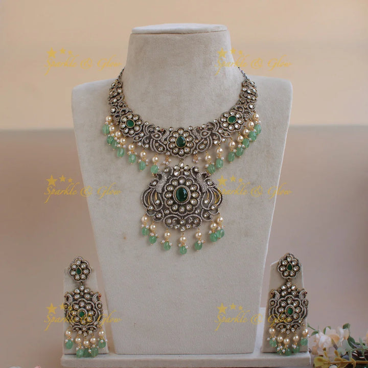Elegant Peacock floral design victorian AD short necklace with Mint green beads - Sparkle and Glow