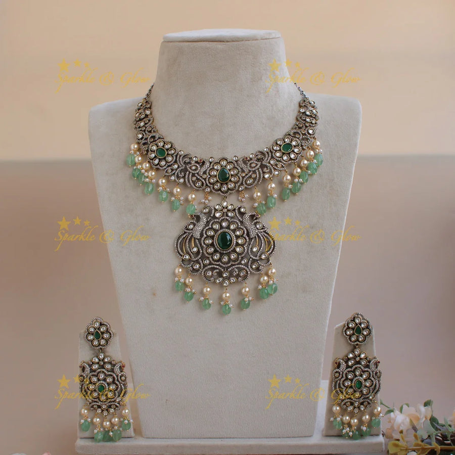 Elegant Peacock floral design victorian AD short necklace with Mint green beads - Sparkle and Glow