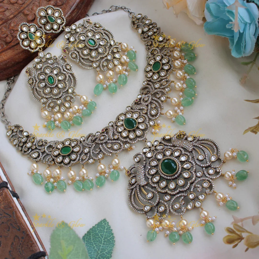 Elegant Peacock floral design victorian AD short necklace with Mint green beads - Sparkle and Glow