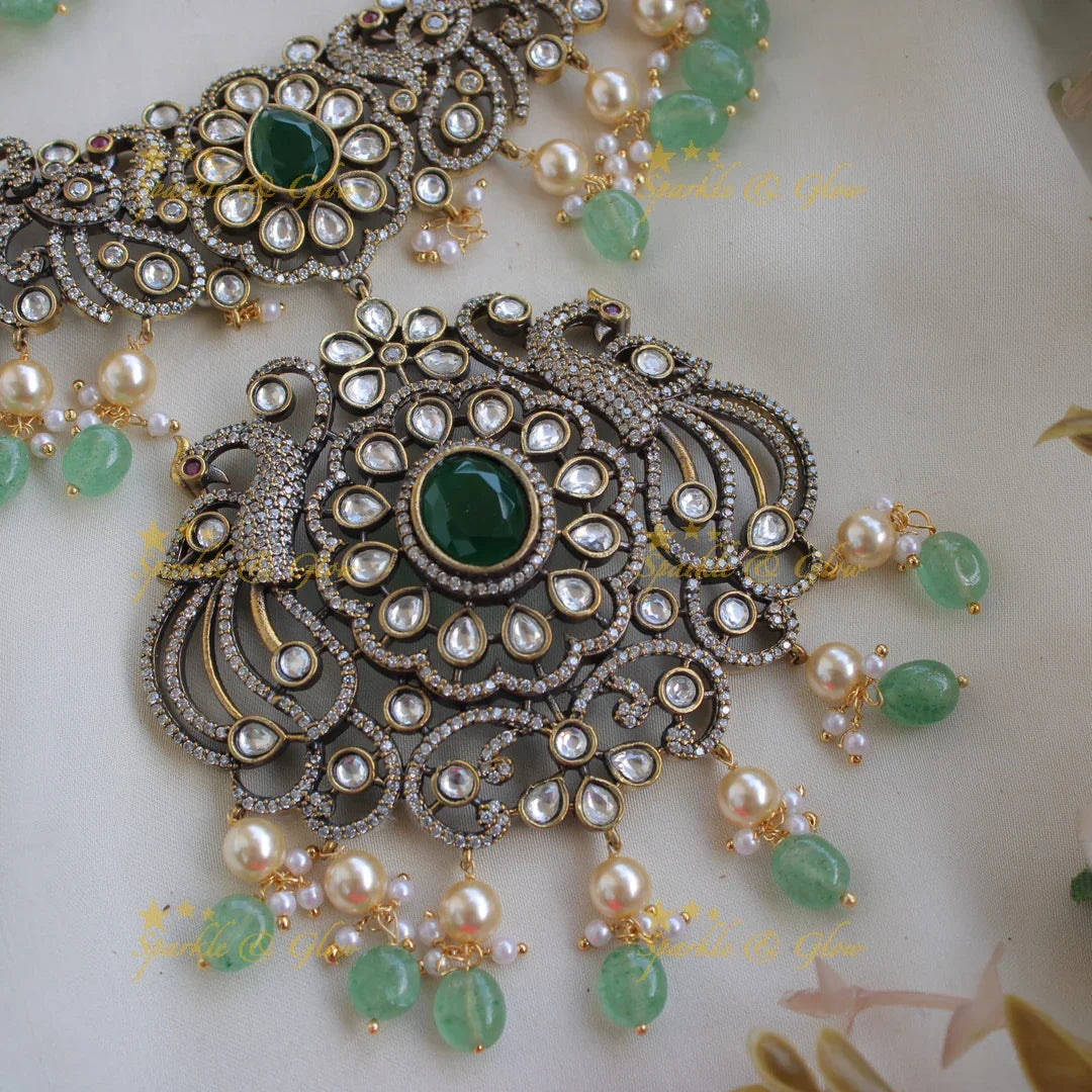 Elegant Peacock floral design victorian AD short necklace with Mint green beads - Sparkle and Glow