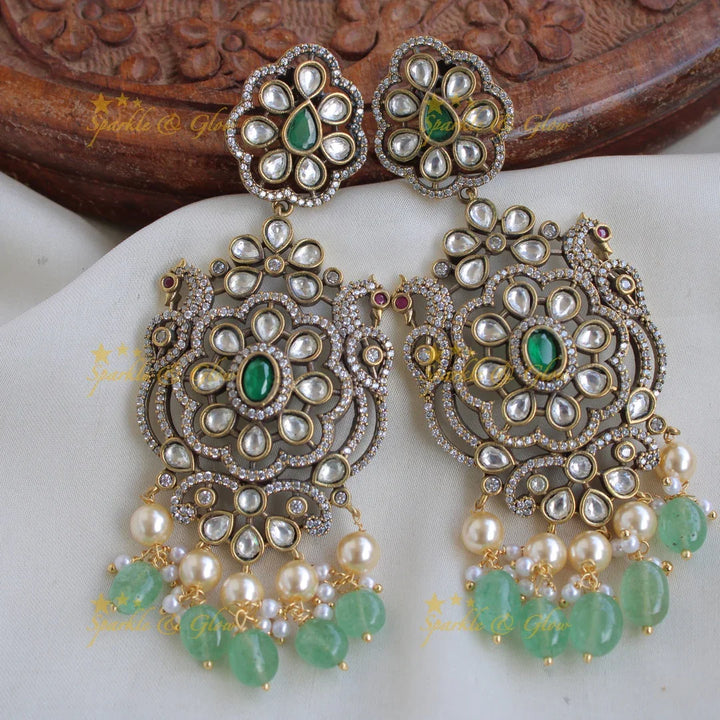 Elegant Peacock floral design victorian AD short necklace with Mint green beads - Sparkle and Glow