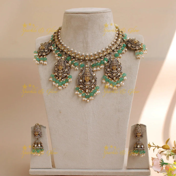 Exquisite Balaji and peacock carved victorian AD short necklace with pearls and mint green beads - Sparkle and Glow