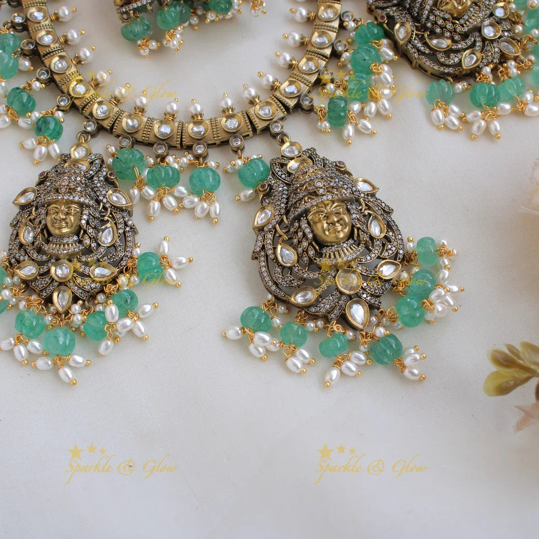 Exquisite Balaji and peacock carved victorian AD short necklace with pearls and mint green beads - Sparkle and Glow