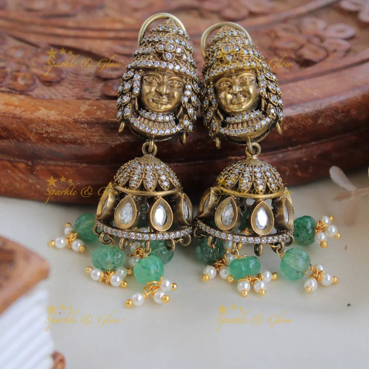 Exquisite Balaji and peacock carved victorian AD short necklace with pearls and mint green beads - Sparkle and Glow