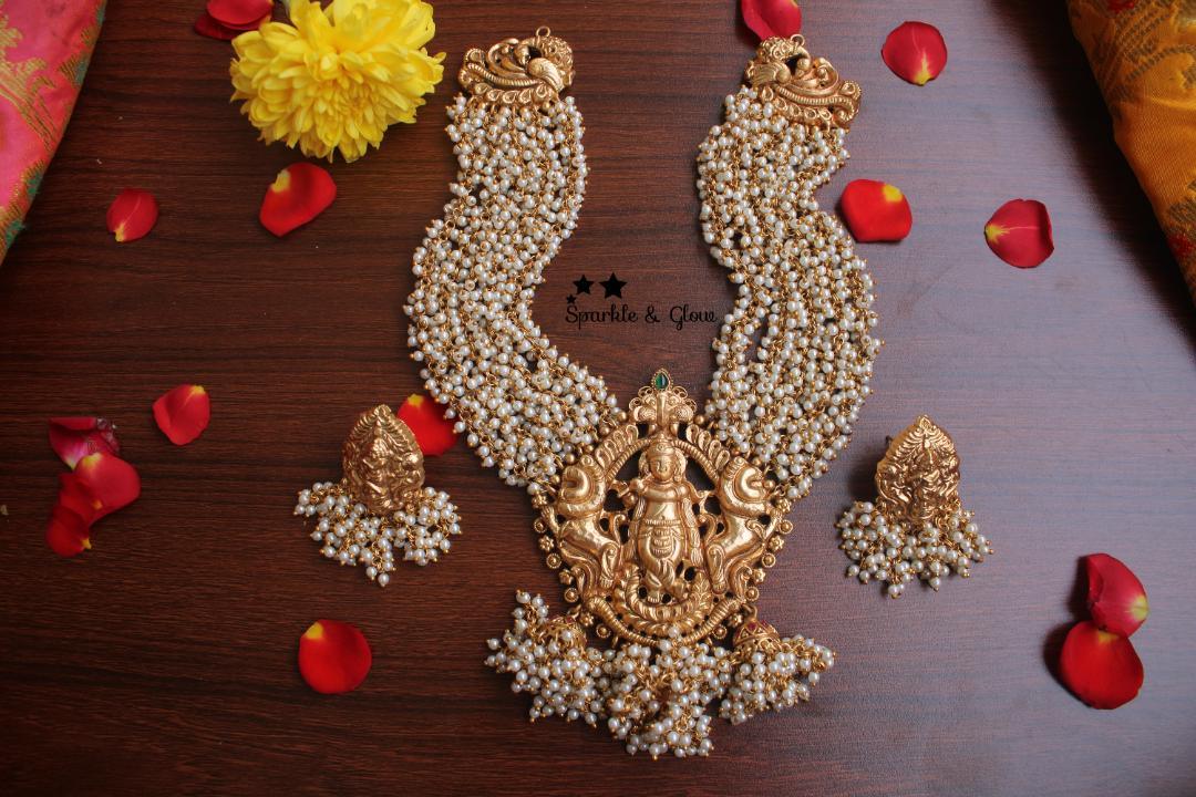 Gold alike polished pearl necklace with krishna playing flute pendent - Sparkle and Glow