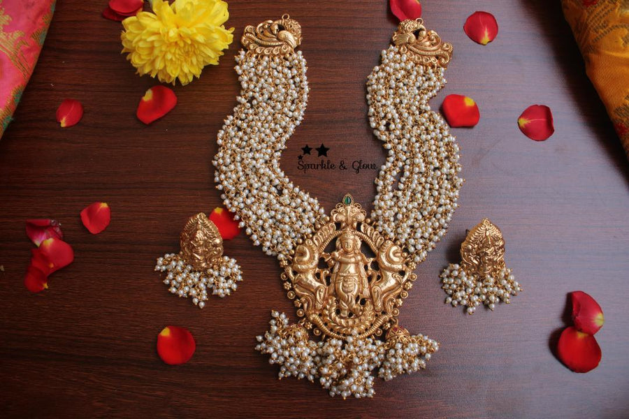 Gold alike polished pearl necklace with krishna playing flute pendent - Sparkle and Glow