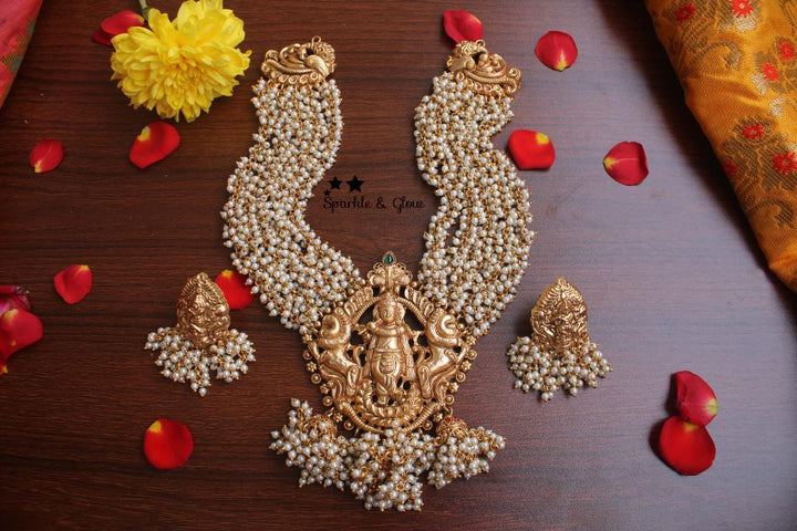 Gold alike polished pearl necklace with krishna playing flute pendent - Sparkle and Glow