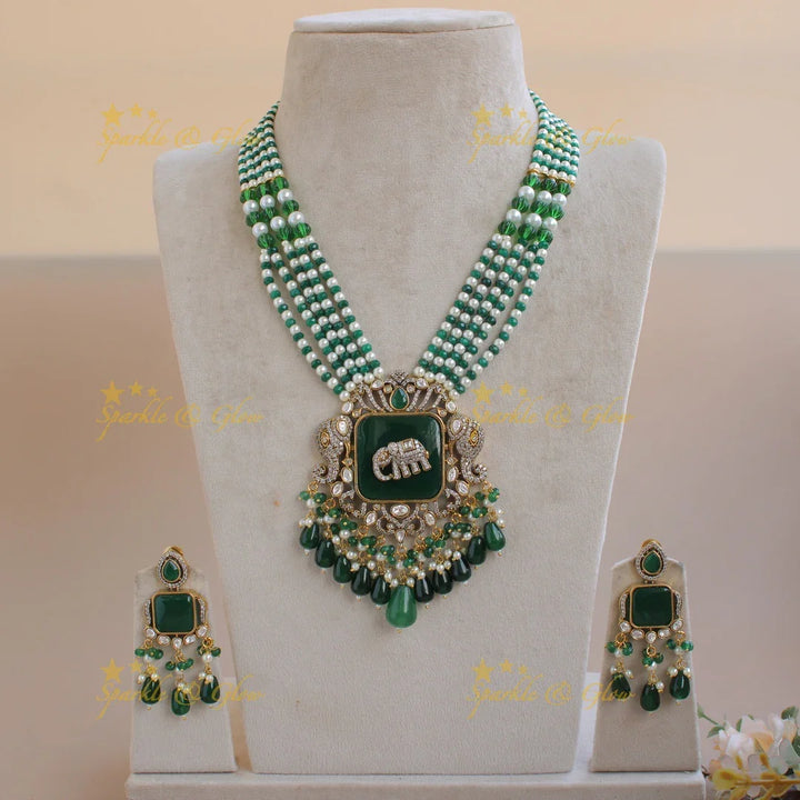 Gorgeous Elephant carved Victorian AD haram with emerald with multi layer pearl and green beads chain - Sparkle and Glow