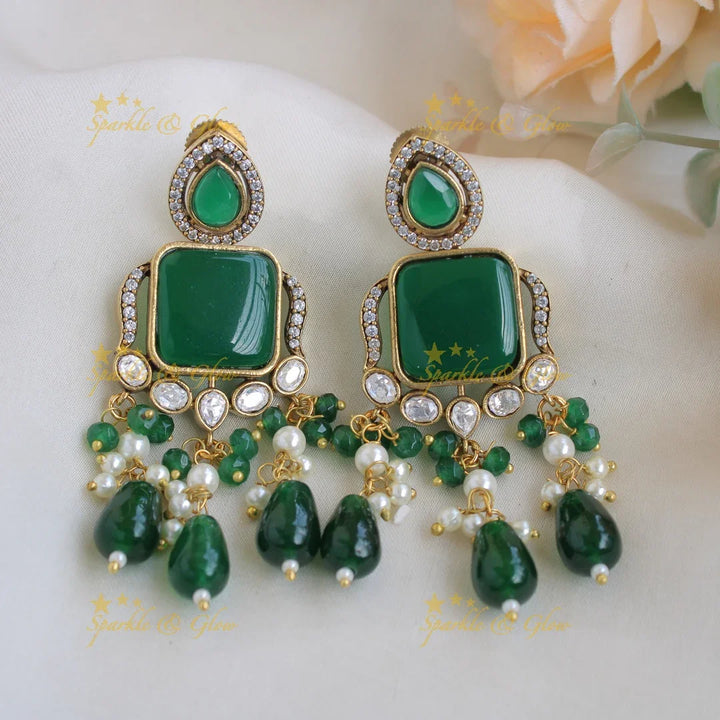 Gorgeous Elephant carved Victorian AD haram with emerald with multi layer pearl and green beads chain - Sparkle and Glow