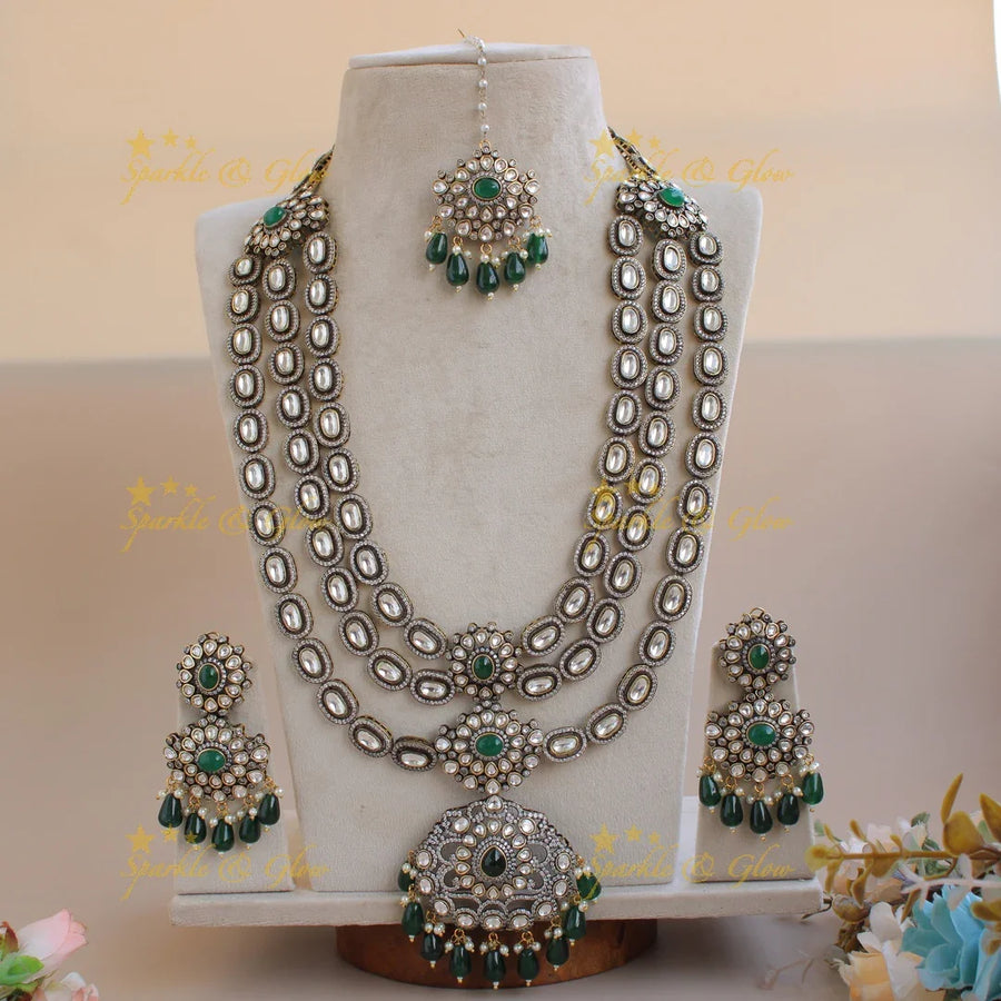 Grand Exclusive floral design Victorian AD layer haram with emerald and green beads with maang tikka - Sparkle and Glow