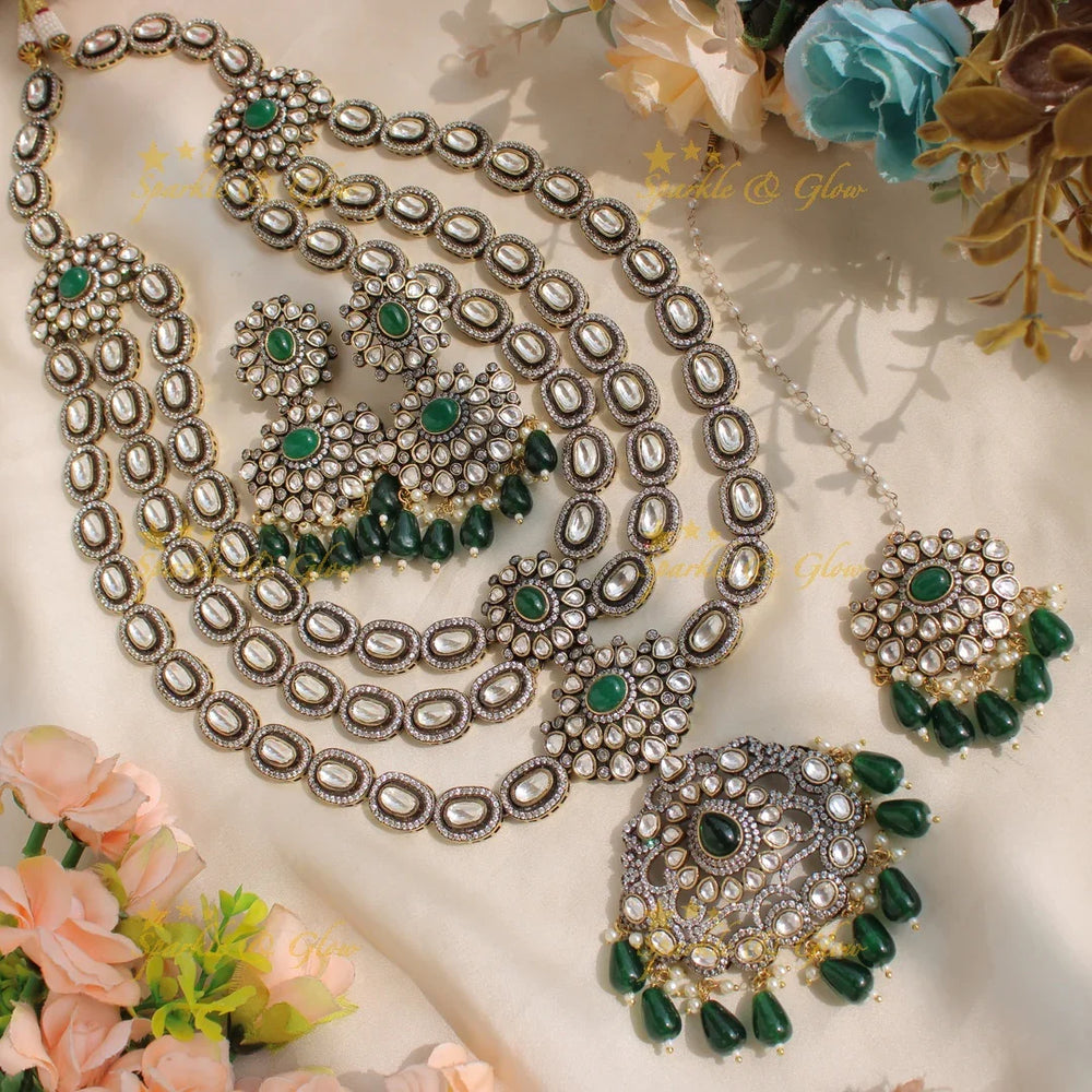 Grand Exclusive floral design Victorian AD layer haram with emerald and green beads with maang tikka - Sparkle and Glow