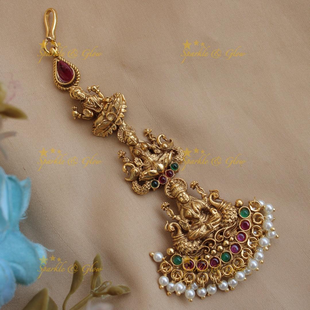Statement Lakshmi peacock carved maang tikka with ruby emerald and pearls - Sparkle and Glow