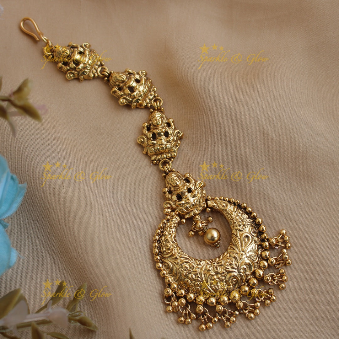 Lakshmi moon design matt finish maang tikka with gold beads
