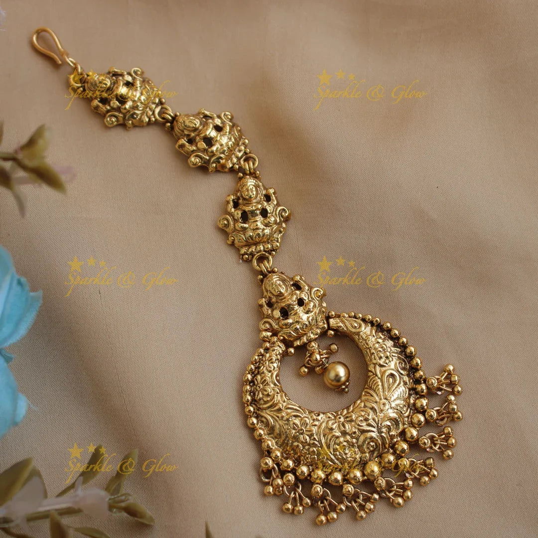 Lakshmi moon design matt finish maang tikka with gold beads - Sparkle and Glow