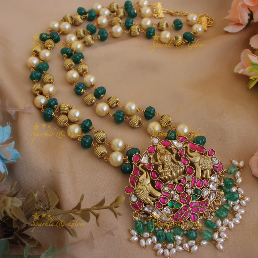 Beautiful Lakshmi Elephant carved jadau pendent with two layer pearl gold and green beads chain - Sparkle and Glow