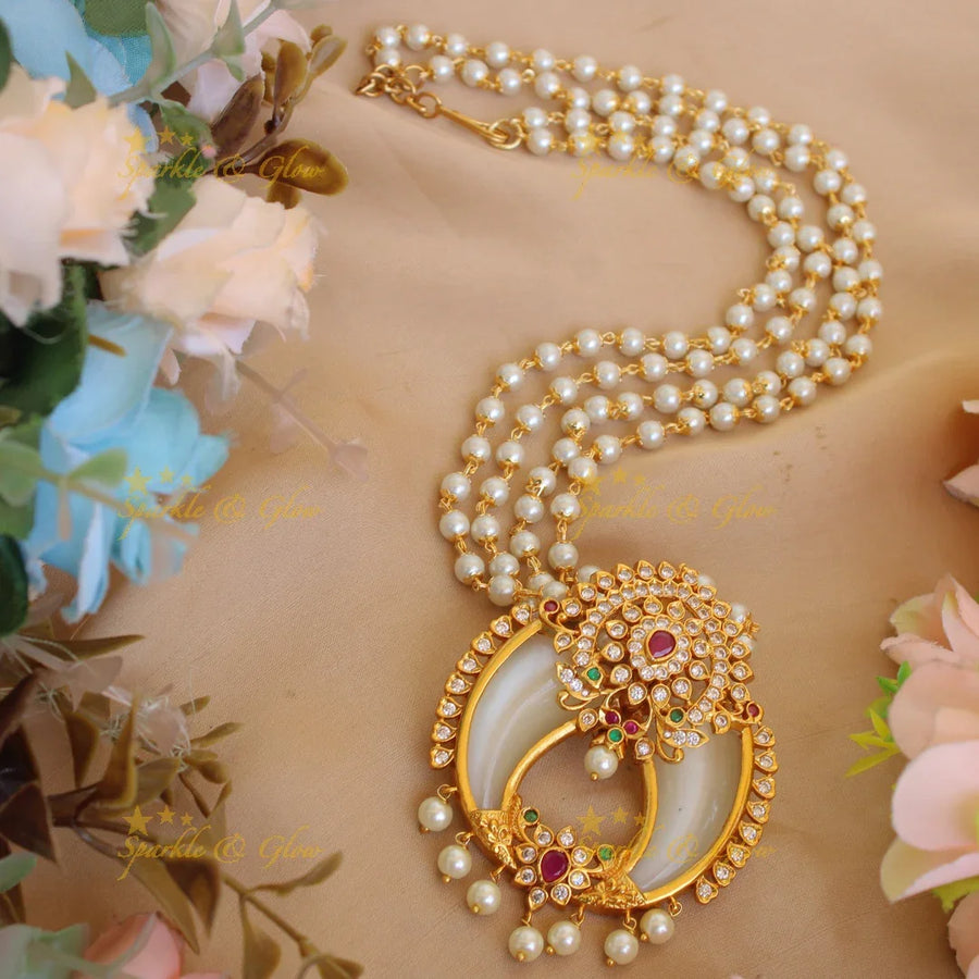 Gorgeous floral design CZ stone double Puliguru pendent with two layer pearl chain - Sparkle and Glow