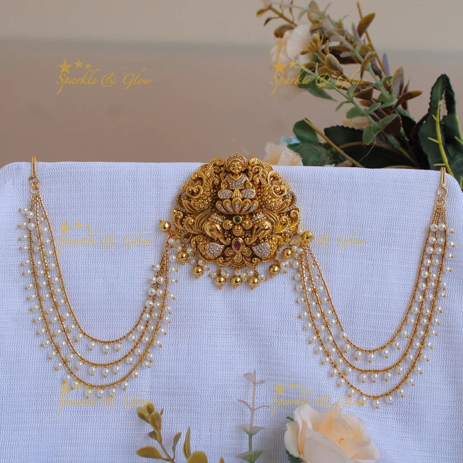 Elegant Gold alike Lakshmi with Elephant and Peacock Jada Billa with Maatil - Sparkle and Glow