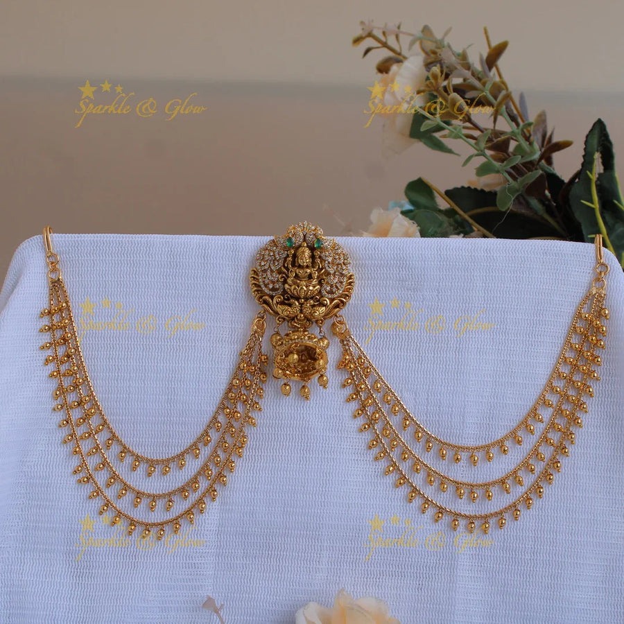 Elegant Lakshmi with Peacock and AD stone gold alike Jada Billa with Maatil - Sparkle and Glow