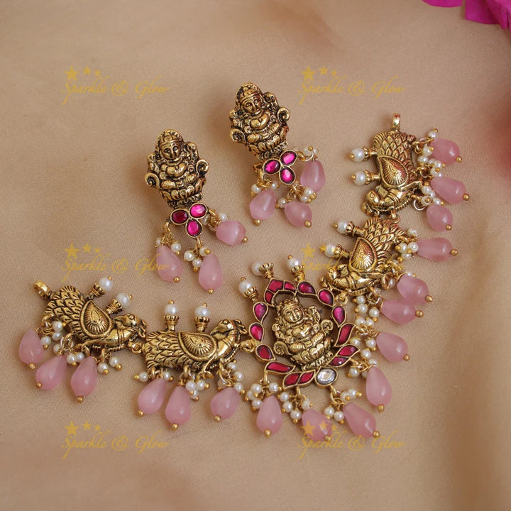 Beautiful Lakshmi peacock jadau short necklace with pearls and pink beads - Sparkle and Glow