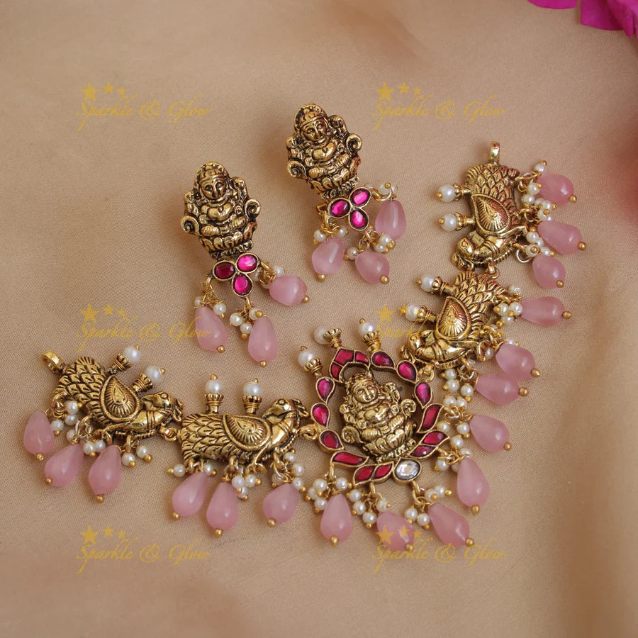Beautiful Lakshmi peacock jadau short necklace with pearls and pink beads - Sparkle and Glow