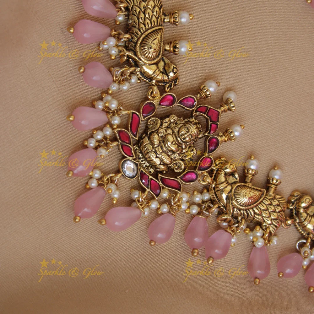 Beautiful Lakshmi peacock jadau short necklace with pearls and pink beads - Sparkle and Glow