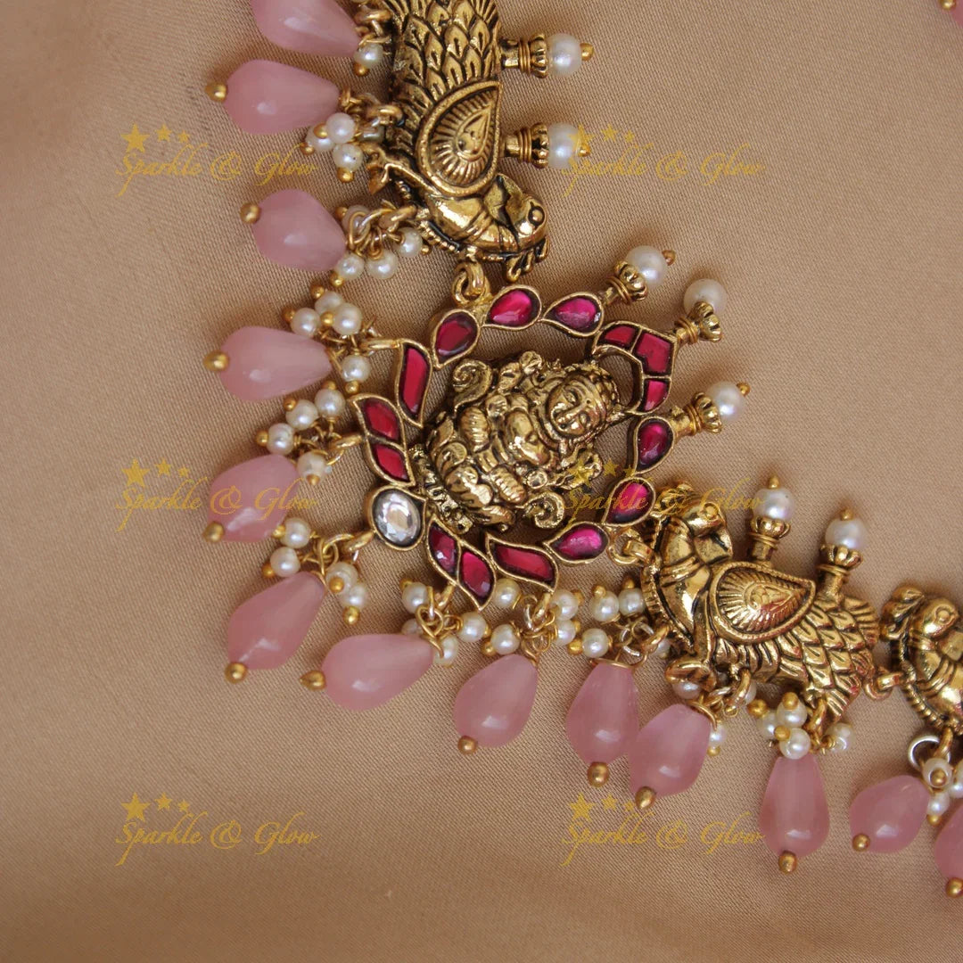 Beautiful Lakshmi peacock jadau short necklace with pearls and pink beads - Sparkle and Glow