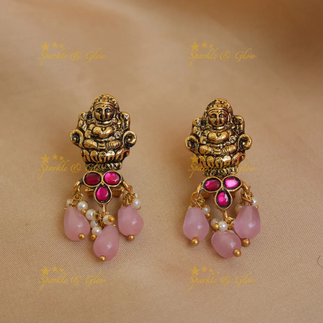 Beautiful Lakshmi peacock jadau short necklace with pearls and pink beads - Sparkle and Glow