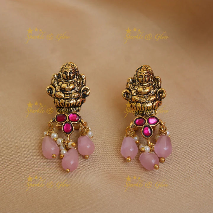 Beautiful Lakshmi peacock jadau short necklace with pearls and pink beads - Sparkle and Glow