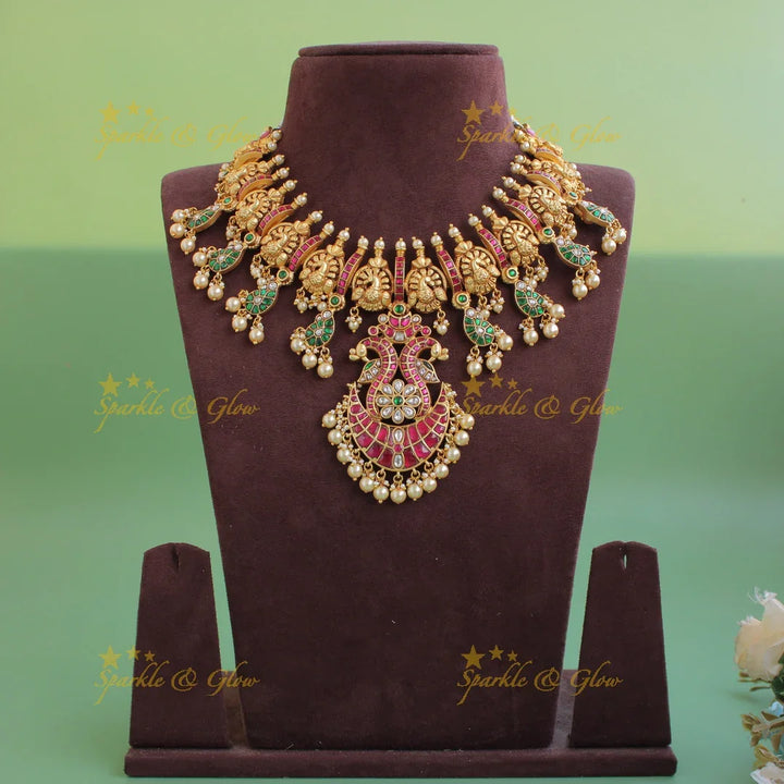 Gorgeous Peacock carved mango jadau short necklace with pearls - Sparkle and Glow