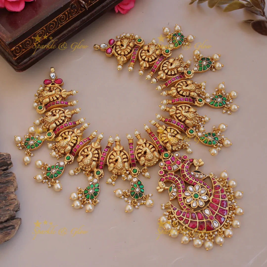 Gorgeous Peacock carved mango jadau short necklace with pearls - Sparkle and Glow