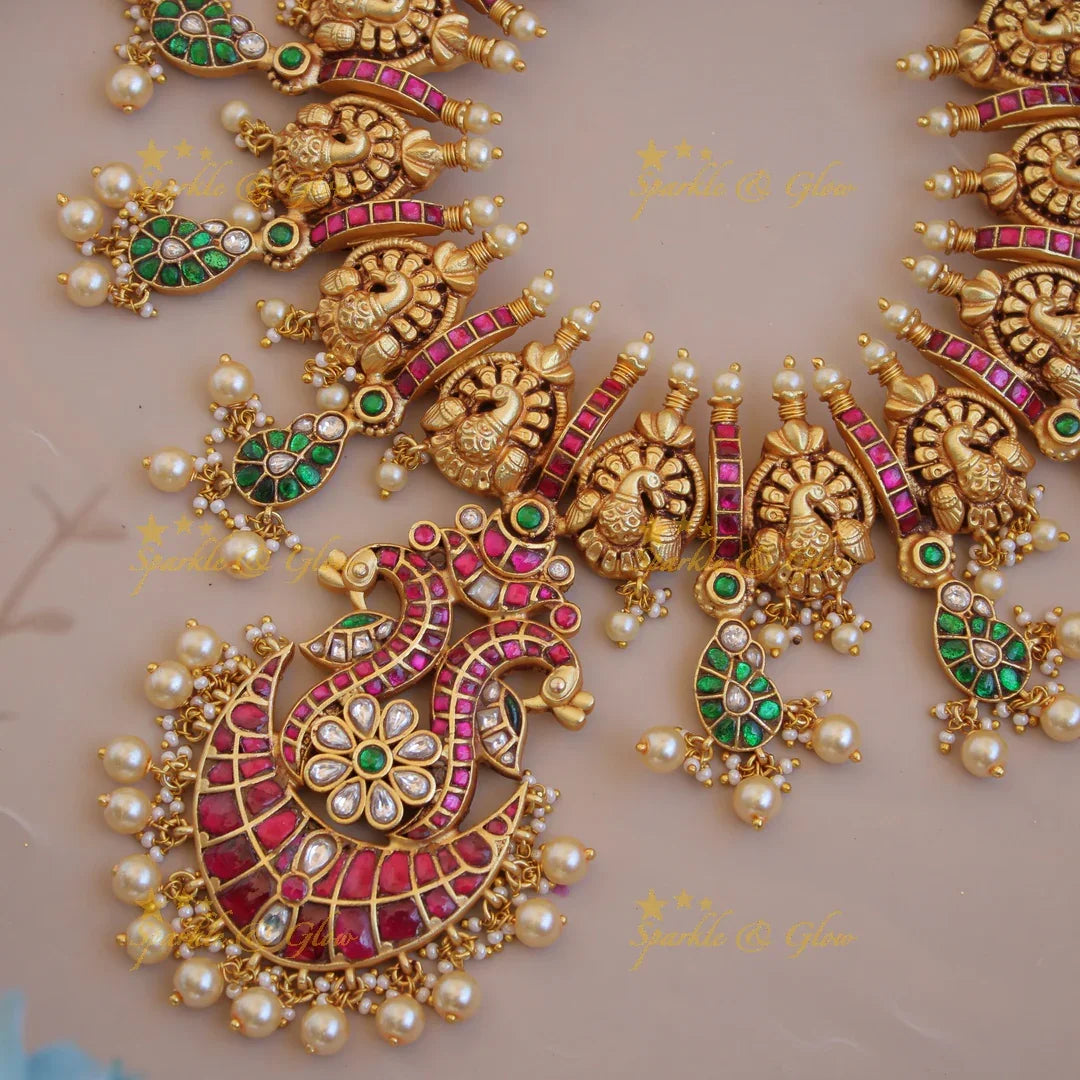 Gorgeous Peacock carved mango jadau short necklace with pearls - Sparkle and Glow