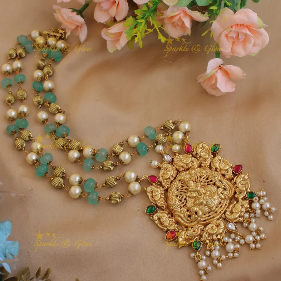 Krishna peacock carved jadau pendent with two layer pearl gold and green beads chain - Sparkle and Glow