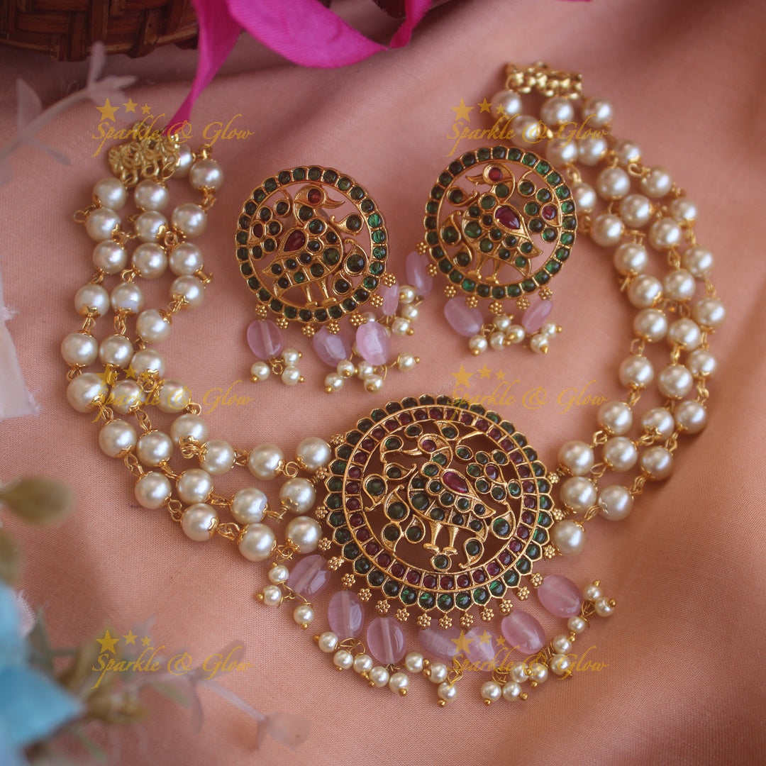 Elegant peacock kemp stone choker with multi layer pearl chai and pink beads