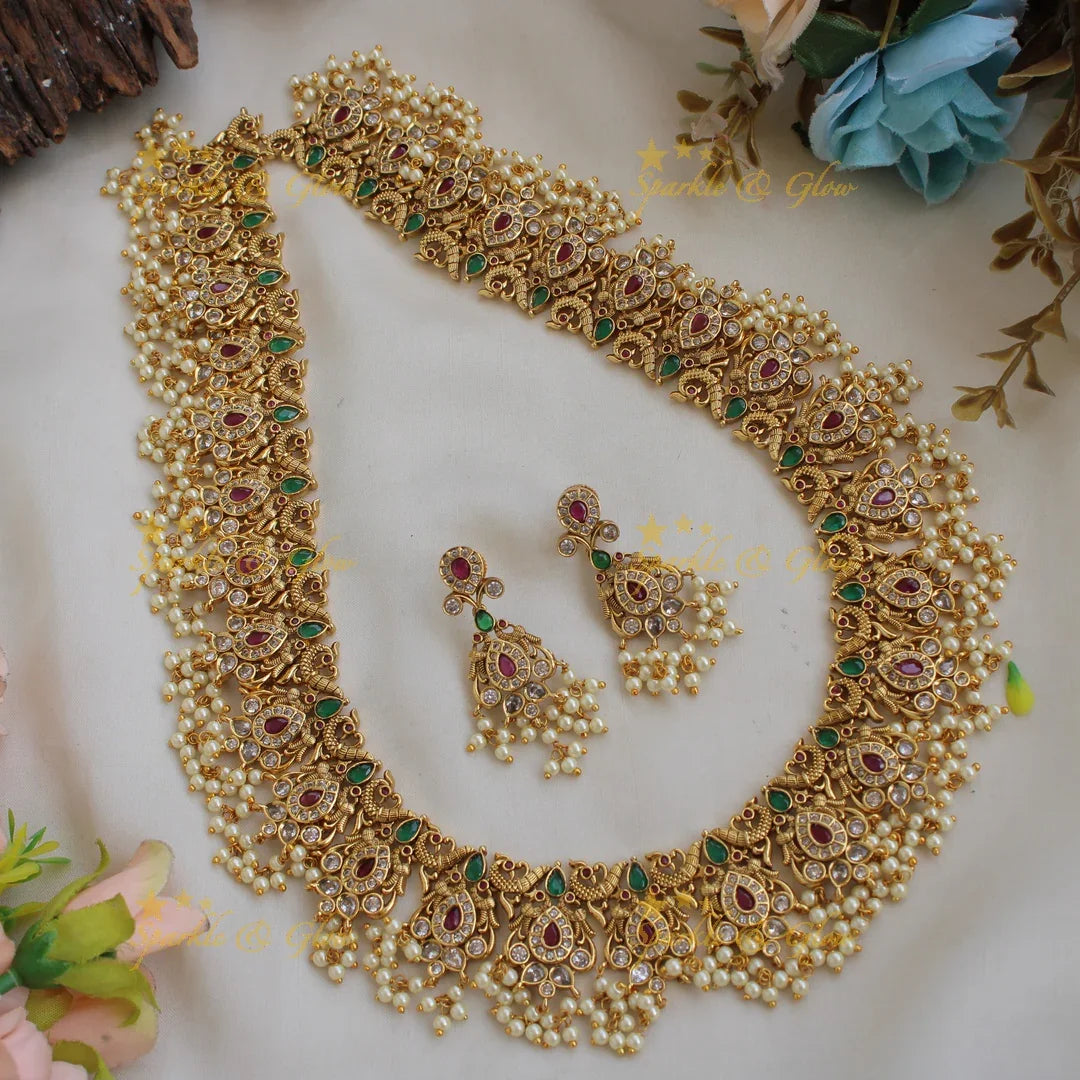 Grand intricate Peacock gutta pusalu Long necklace with ruby and emerald - Sparkle and Glow