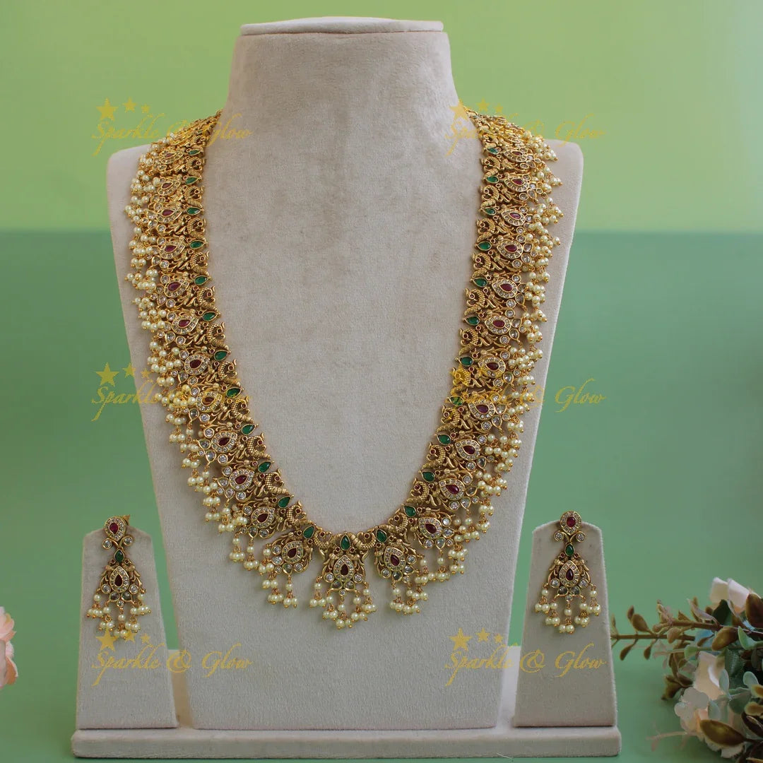 Grand intricate Peacock gutta pusalu Long necklace with ruby and emerald - Sparkle and Glow