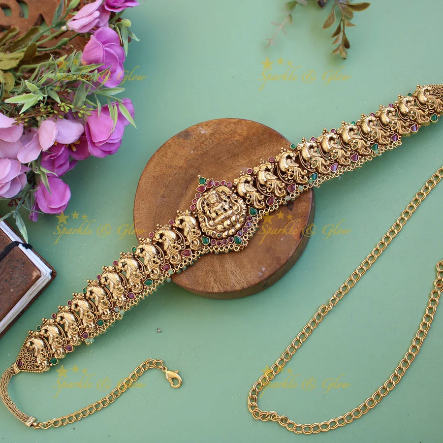 Exclusive Lakshmi peacock carved hipchain with ruby emerald and mint green beads - Sparkle and Glow