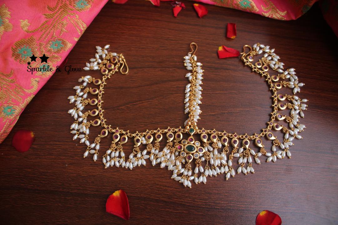 Bridal three sided kemp maang tikka with rice pearl drops