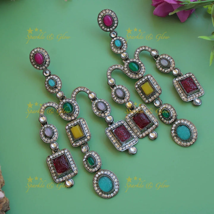 Bollywood inspired Gorgeous three layer victorian black finish earrings with stones - Sparkle and Glow
