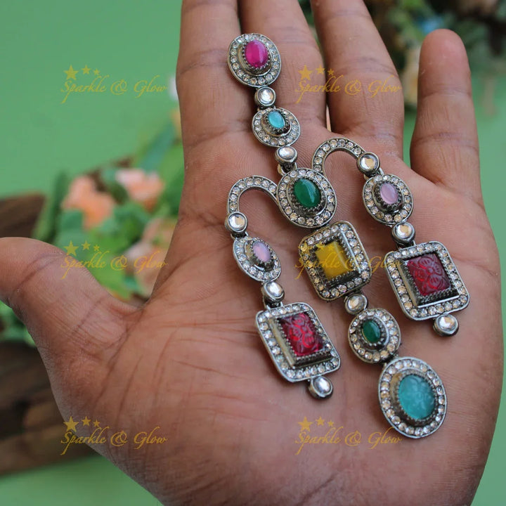 Bollywood inspired Gorgeous three layer victorian black finish earrings with stones - Sparkle and Glow