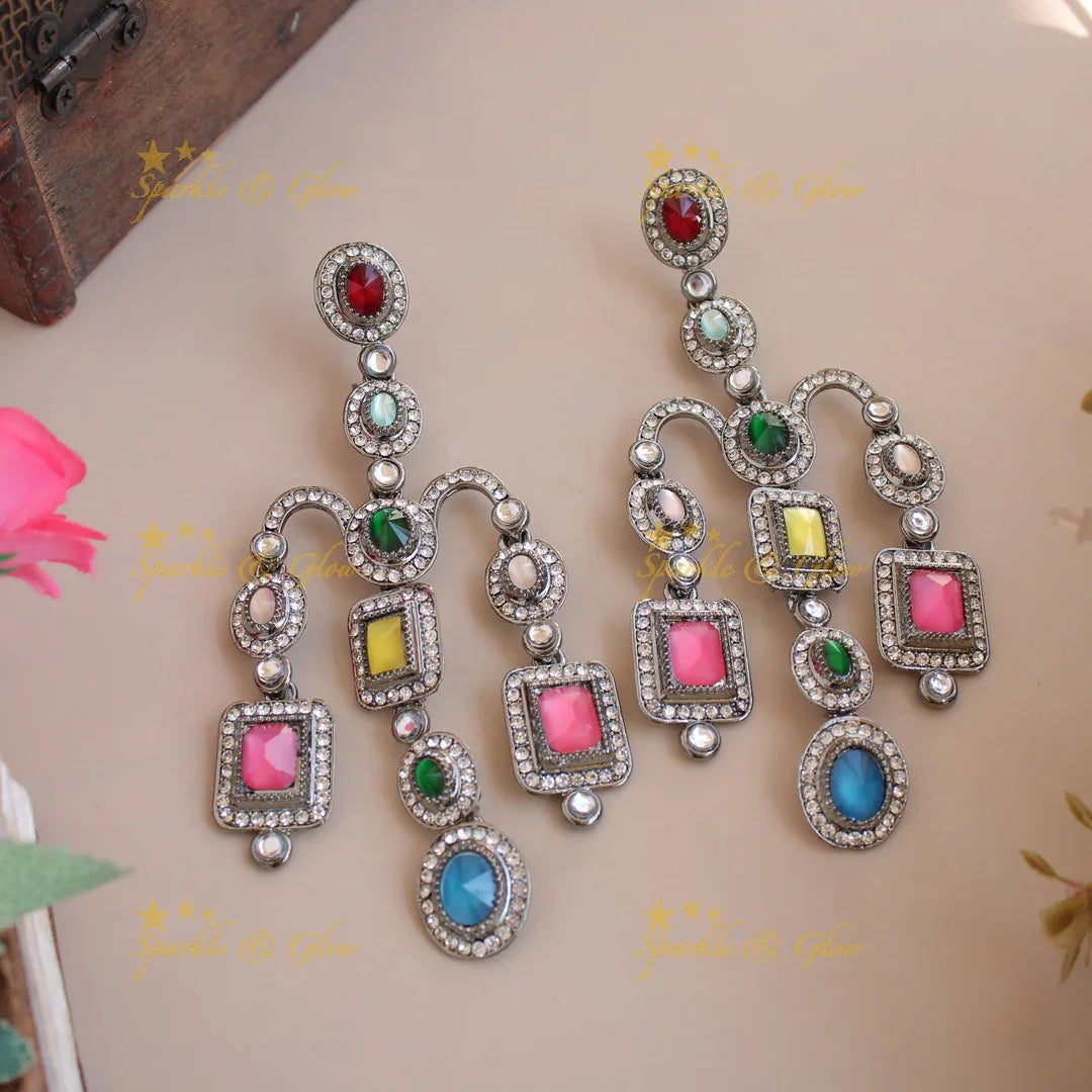 Bollywood inspired Gorgeous three layer victorian black finish earrings with stones - Sparkle and Glow