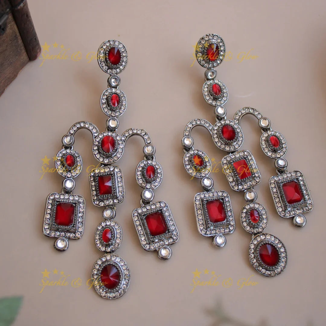 Bollywood inspired Gorgeous three layer victorian black finish earrings with stones - Sparkle and Glow