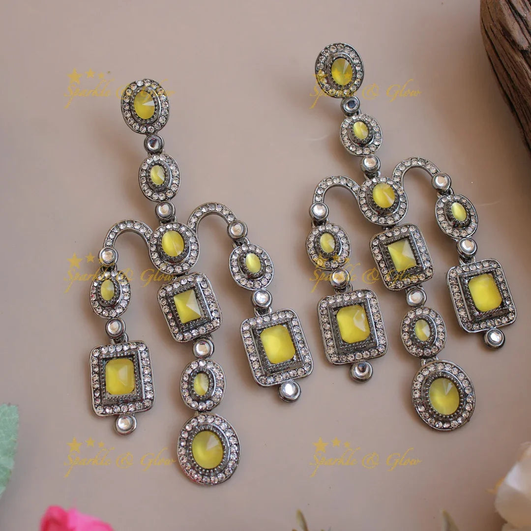 Bollywood inspired Gorgeous three layer victorian black finish earrings with stones - Sparkle and Glow