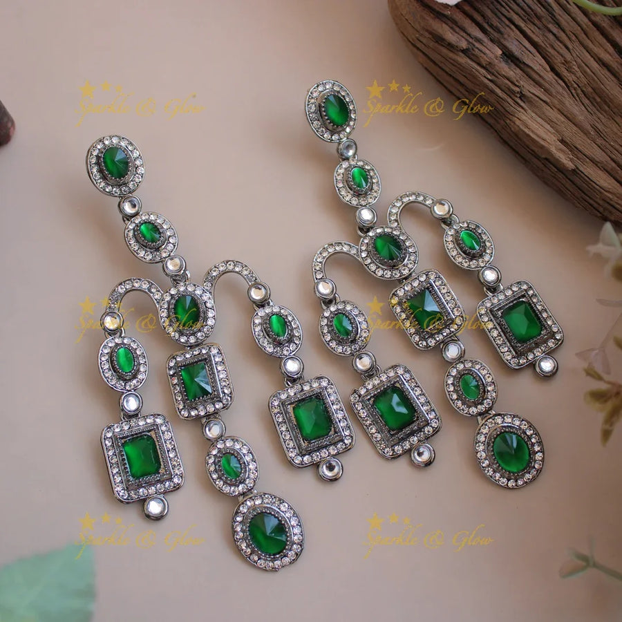 Bollywood inspired Gorgeous three layer victorian black finish earrings with stones - Sparkle and Glow