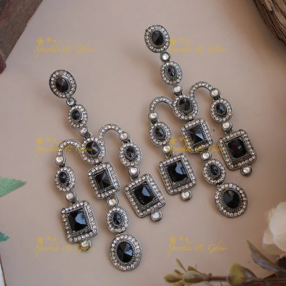 Bollywood inspired Gorgeous three layer victorian black finish earrings with stones - Sparkle and Glow