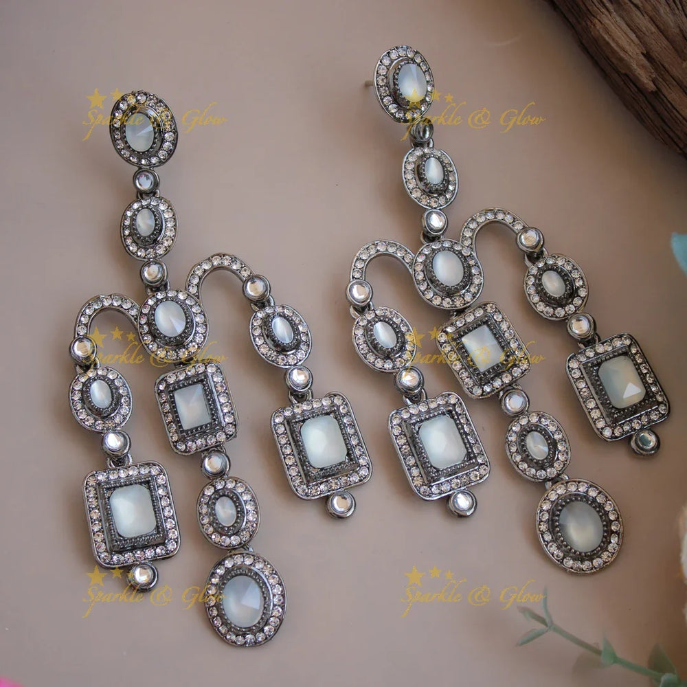 Bollywood inspired Gorgeous three layer victorian black finish earrings with stones - Sparkle and Glow